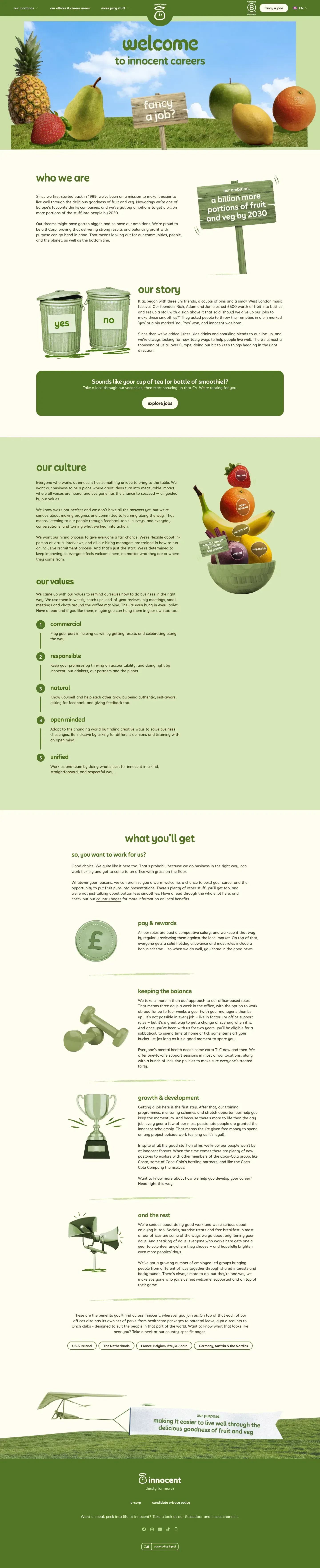 innocent's careers site, top to bottom: welcome, who we are, our story, our culture, our values and what you'll get