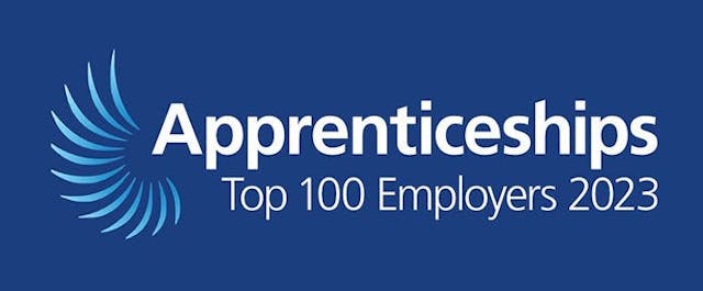 Logo with a blue background, featuring what appears to be a wing in lighter blue on the left, and text on the right: "Apprenticeships Top 100 Employers 2023" in white.
