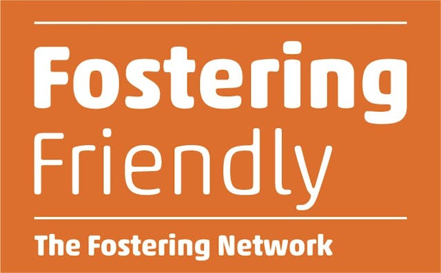 orange badge with text text stating "Fostering Friendly. The Fostering Network"
