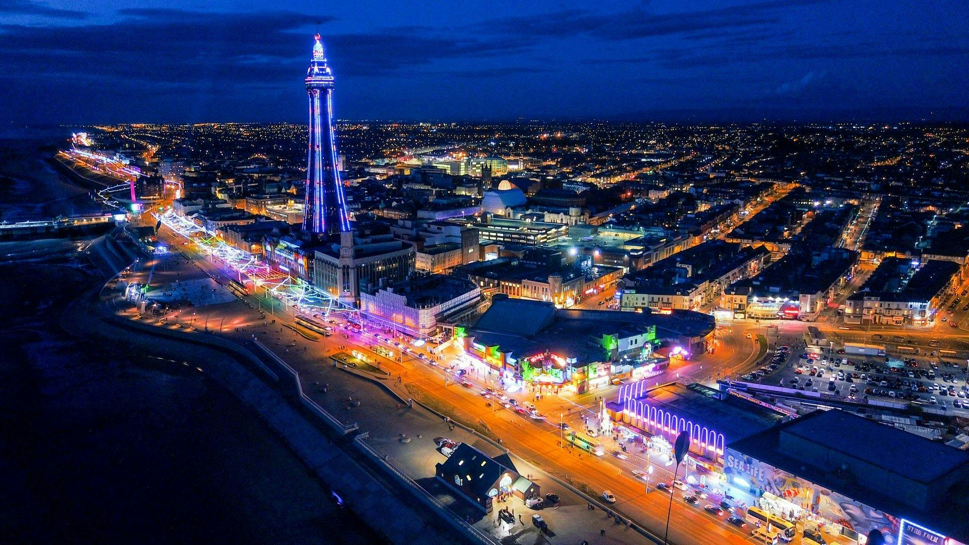 An image of the Blackpool coastline illuminated by lights