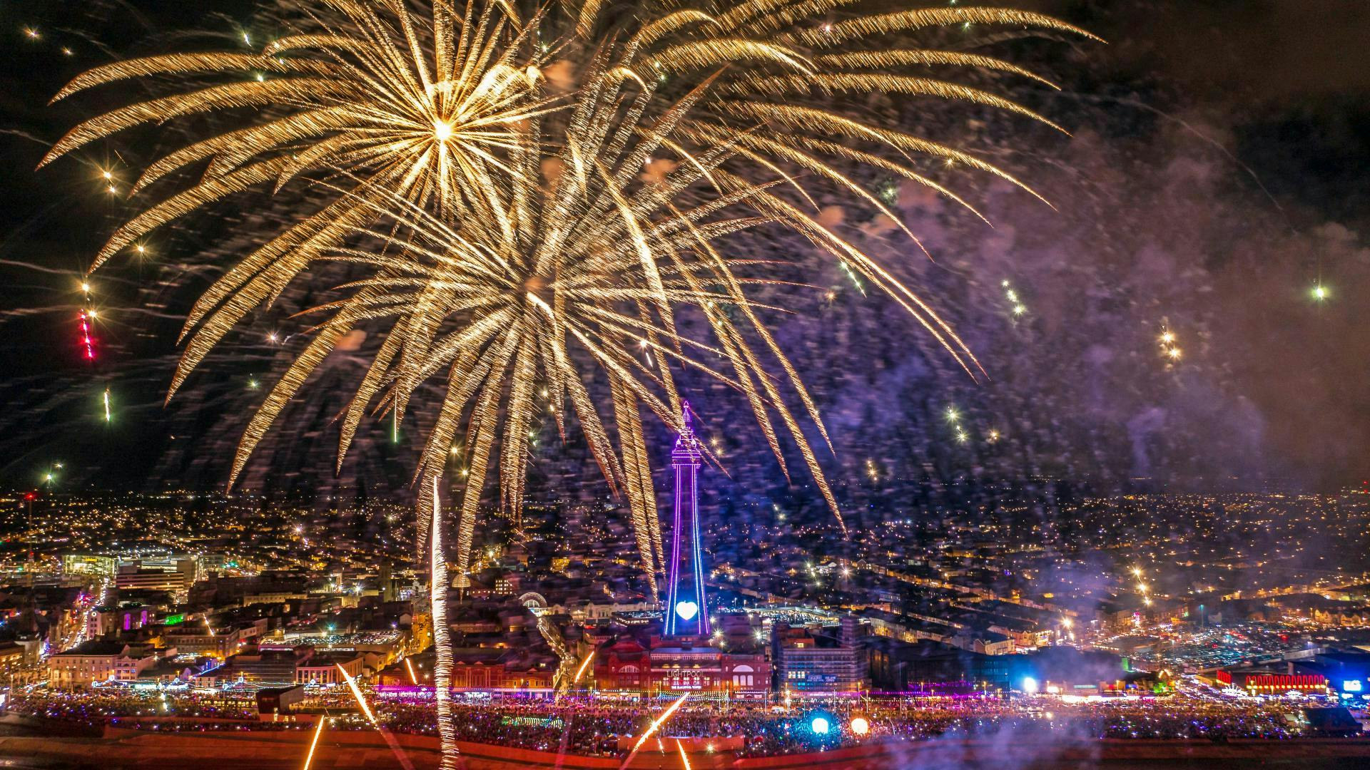 image of a fireworks display in Blackpool with the Blackpool Tower in the background