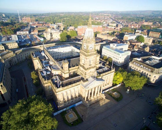 An aerial shot of Bolton town hall