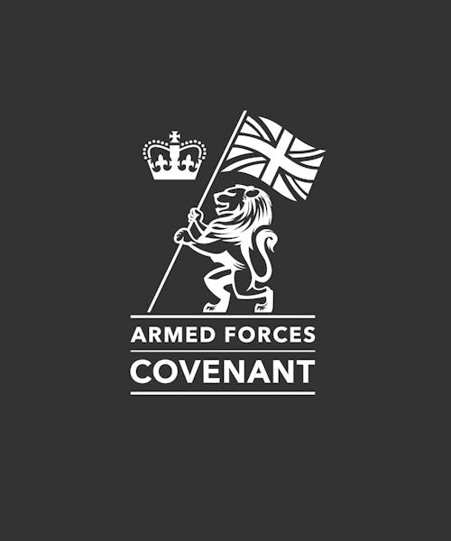 Logo featuring a lion holding a British flag, a crown, and text: "Armed Forces Covenant."