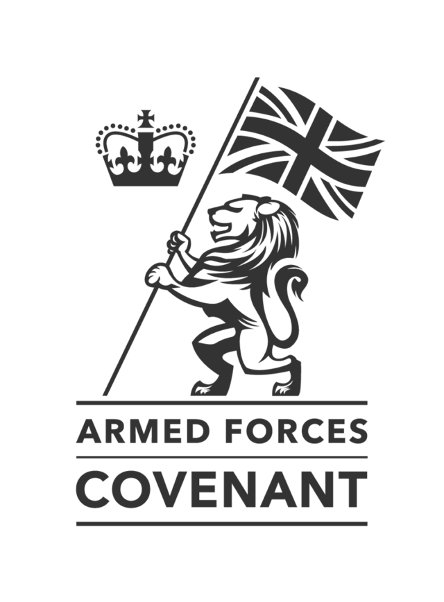 Logo featuring a lion holding a British flag, a crown, and text: "Armed Forces Covenant.