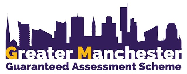 Greater Manchester Guaranteed Assessment Scheme logo with cartoon building on the background.
