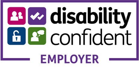 Logo with text: "Disability Confident Employer" and four square symbols on the left: two purple icons, two checkmarks, a lock, and a person icon with a speech or thought bubble.