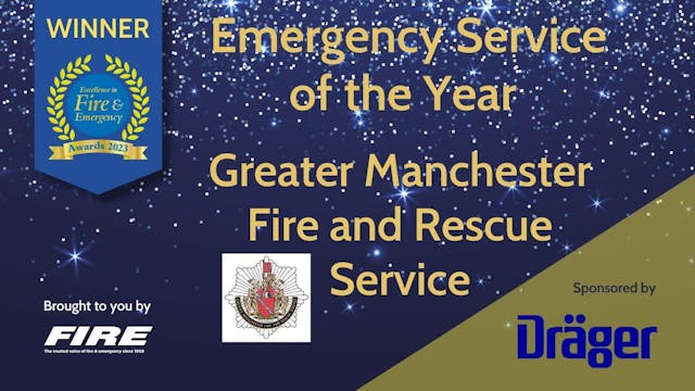 Image showing award declaring the winner for emergency service of the year 2023. Greater Manchester Fire and Rescue Service