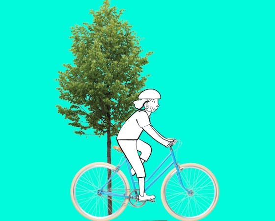 a black and white cartoon of a woman riding a photo-realistic bicycle in front of a tree. The background is a bright teal colour-block