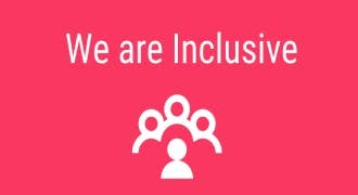 image with light blue background with icon of a group of people with text "We are Inclusive"