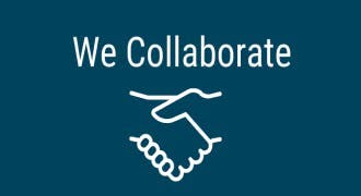 image with light blue background with icon of a two shaking hands with text "We Collaborate"